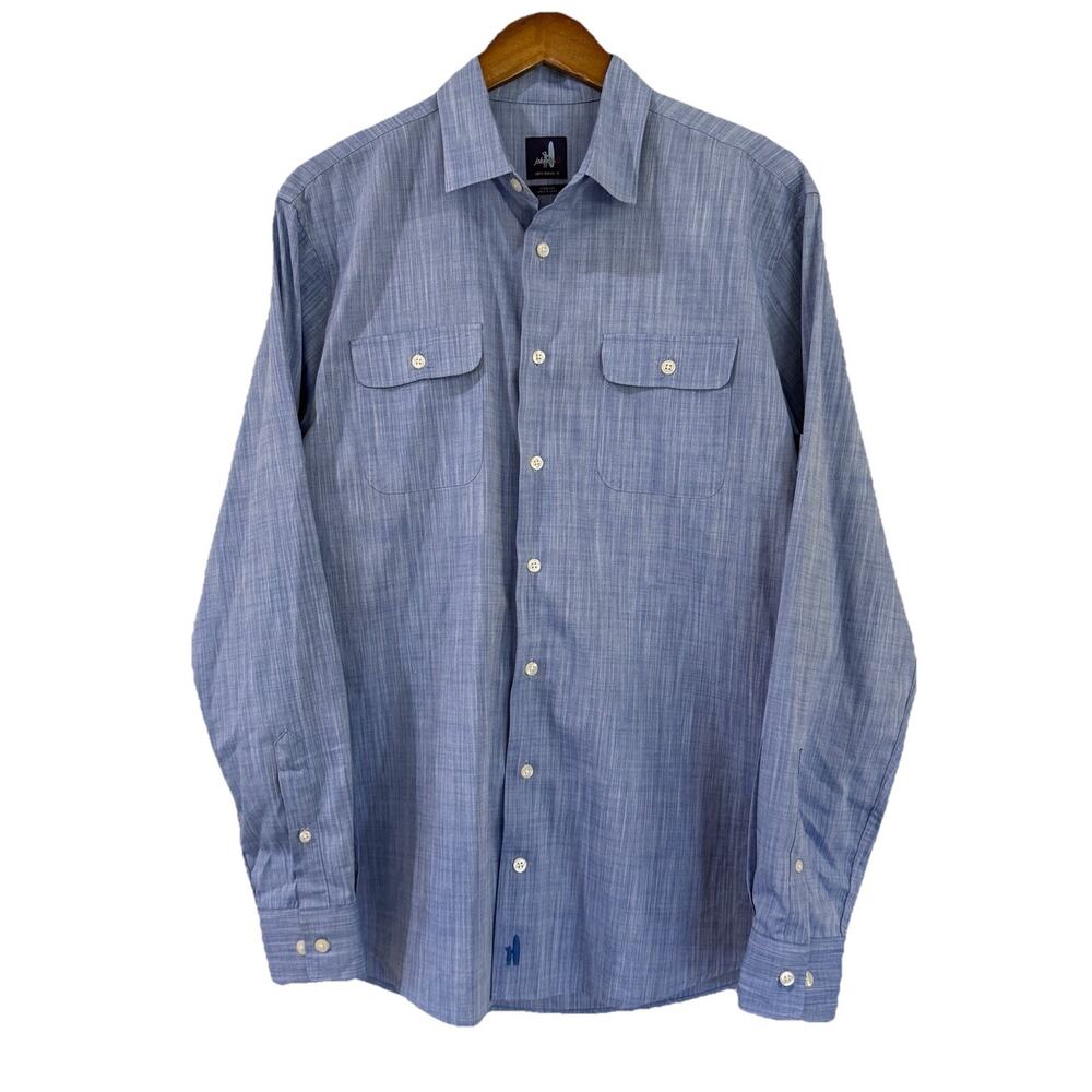 Johnnie-O Hutton Chambray Shirt M Deep Water Blue Stretch Roll-Tab Sleeves Beach